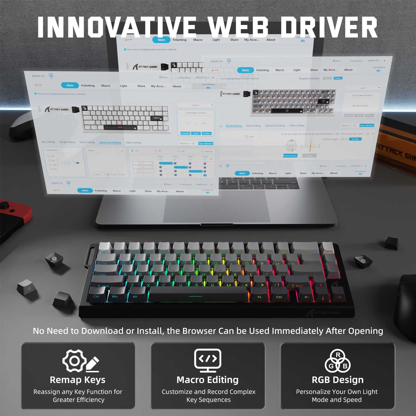 ATTACK SHARK X68PRO HE Wireless Rapid Trigger Keyboard Magnetic Switch
