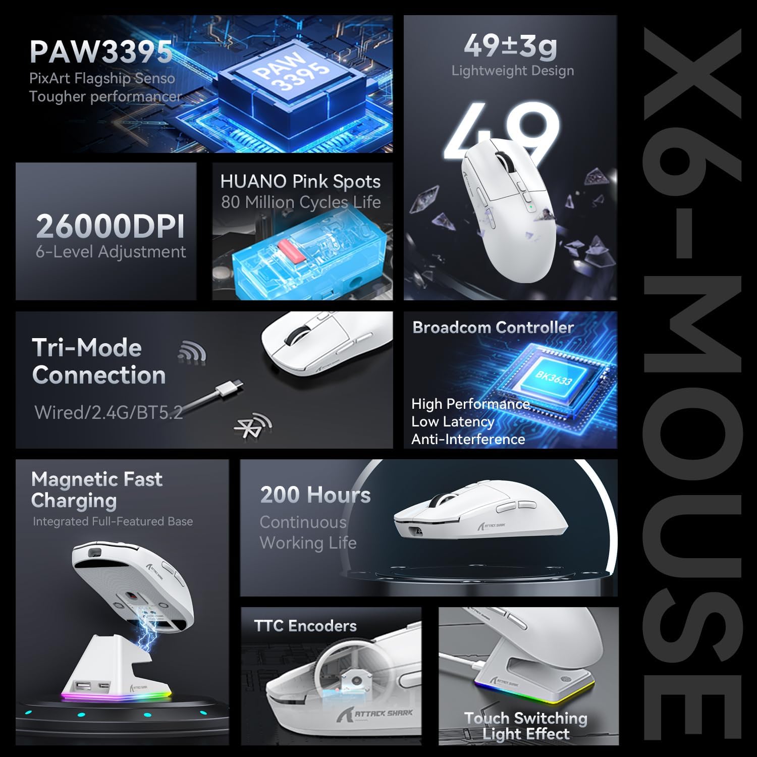 ATTACK SHARK X6 Three Modes Gaming Mouse With Charging Dock
